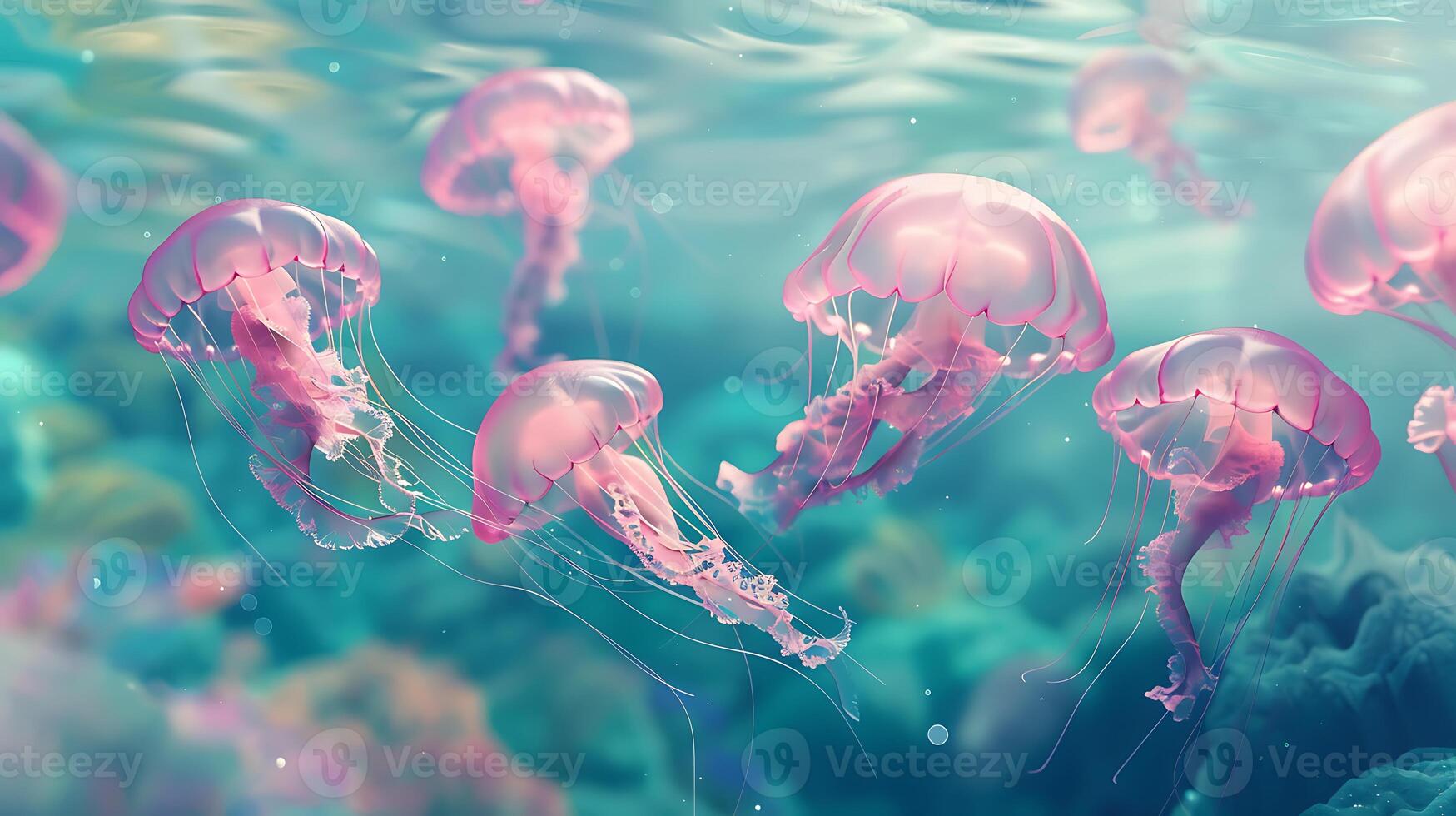 A serene group of pink jellyfish floats in the calm waters photo
