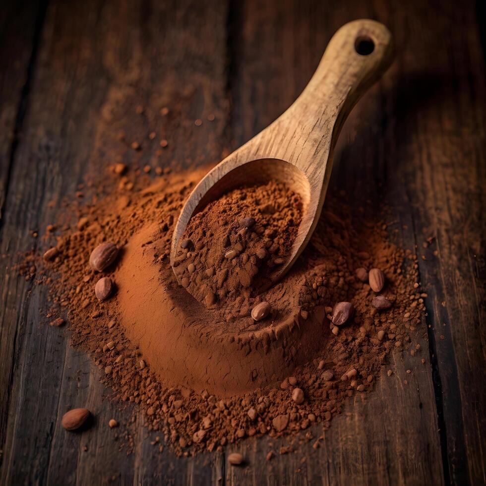 Cocoa Powder Spoon Cacao wooden background photo