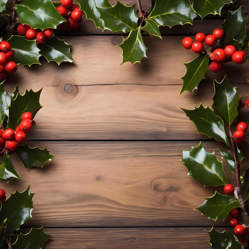 Holly Christmas Berry Leaves on a wooden background photo