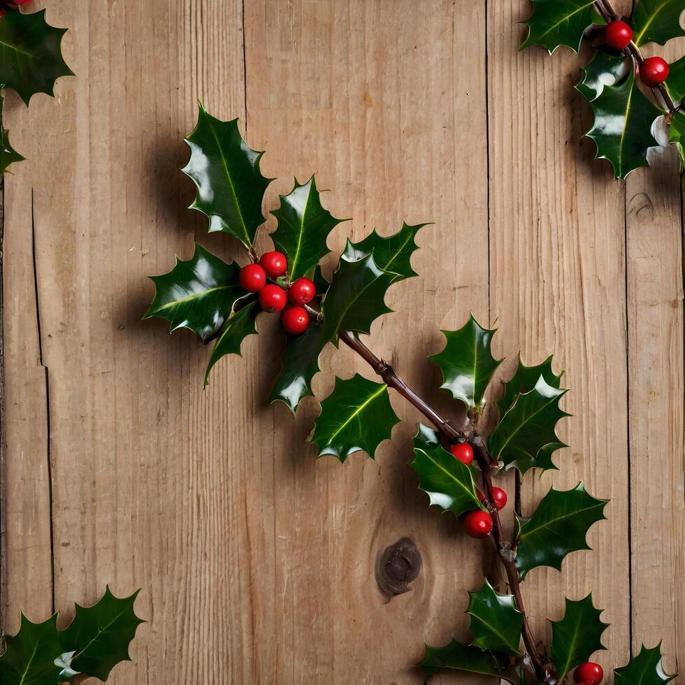 Holly Berry Leaves Branch on a wooden background photo
