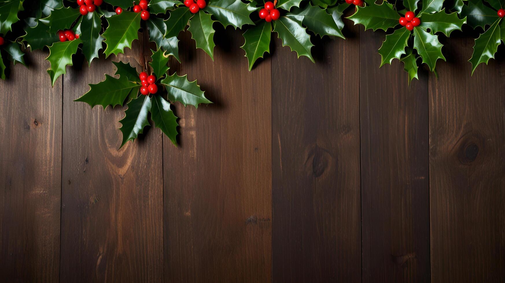 Holly Berry xmas Leaves on a wooden background photo
