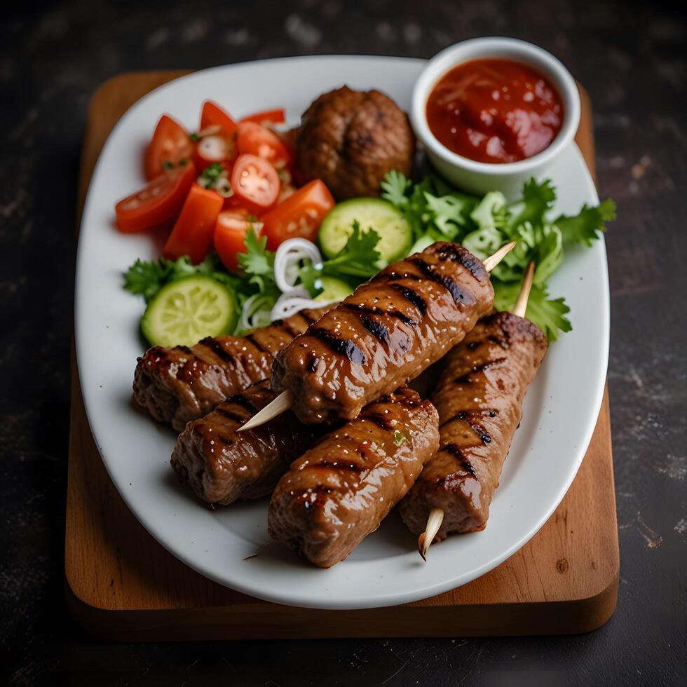 Tasty Grilled Cevapcici meat skewers kebab on a plate photo