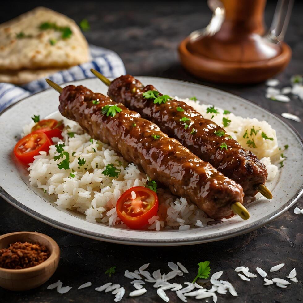 Grilled Cevapcici meat skewers kebab tomatoes photo