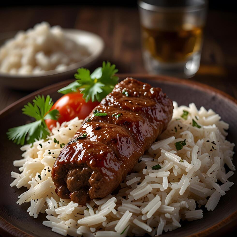 One Grilled Cevapcici meat skewers kebab with rice photo
