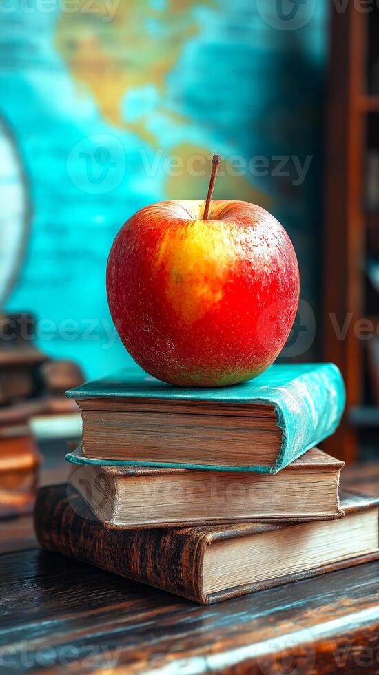 Vertical still life banner symbolizing education and back to school season, fresh red and yellow apple sitting atop stack of old, vintage books with worn, textured covers, blurred USA map photo