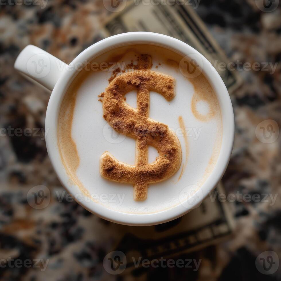 Latte art with dollar sign symbol in cinnamon on frothy milk. Coffee cup with financial success concept photo