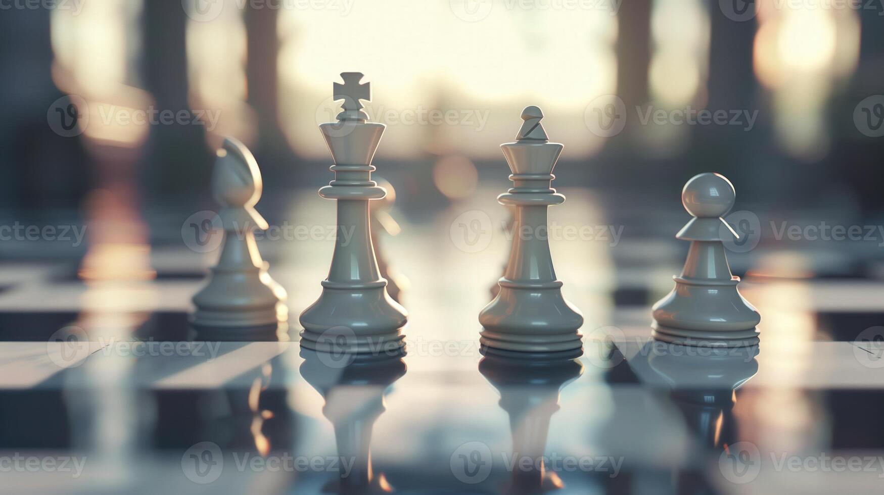 Chess pieces on a reflective chessboard in a strategic game setting with soft blurred background photo