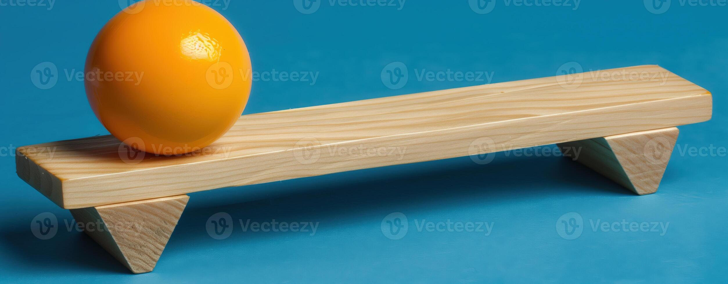 Wooden plank with orange sphere on blue background represents balance and simplicity in design photo