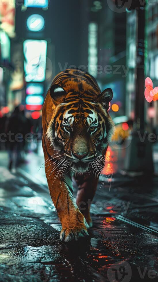 Tiger walking down nighttime city street lit by neon lights, surrounded, urban wildlife photo