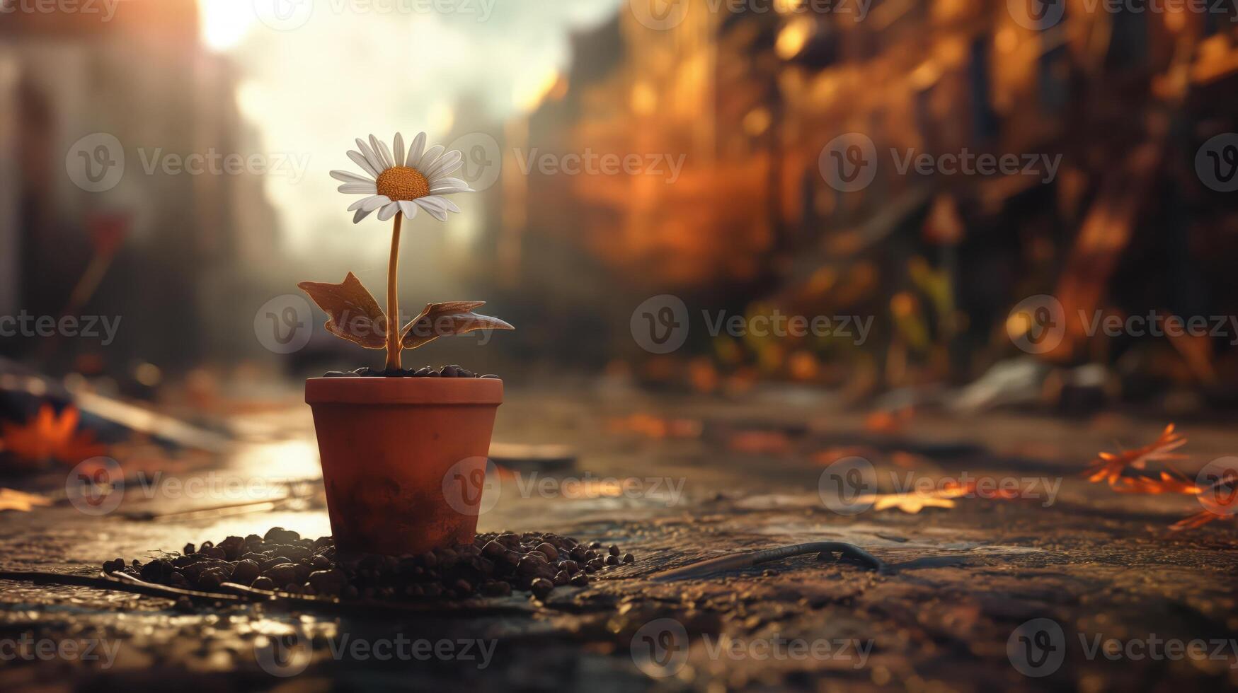 Potted daisy in tiny clay pot with autumn leaves and sunlight on a city road, fall urban scene photo