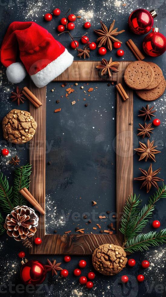 Holiday frame with festive decorations like Santa hat, pine cones, and gingerbread cookies photo