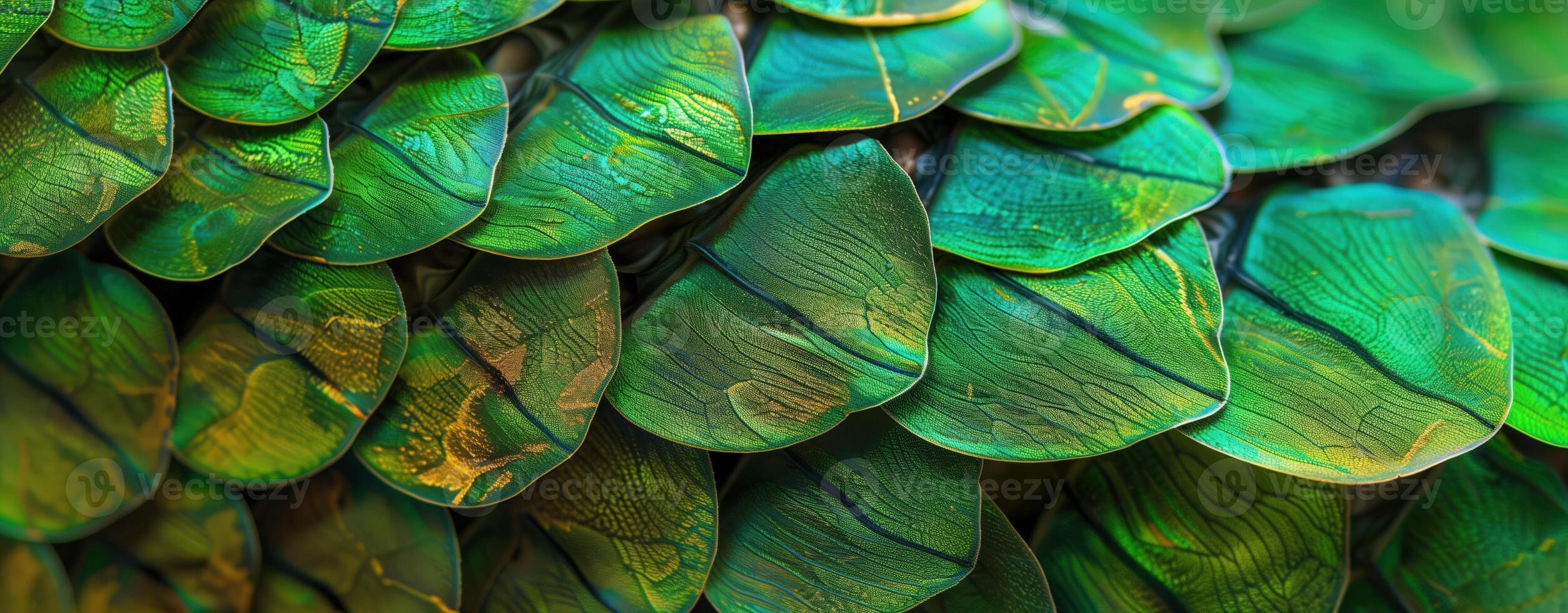 Close-up of overlapping green scales texture. Reptilian or mermaid backgrounds and design projects photo
