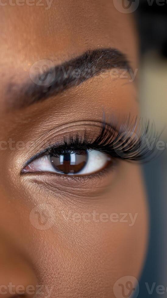 Close-up of African American womans eye with long lashes and well-groomed eyebrow natural makeup photo