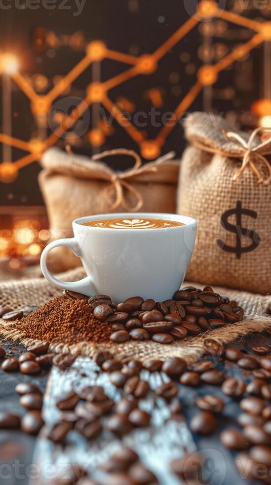 Cappuccino on table with coffee beans and burlap sacks featuring dollar signs, price rise theme photo