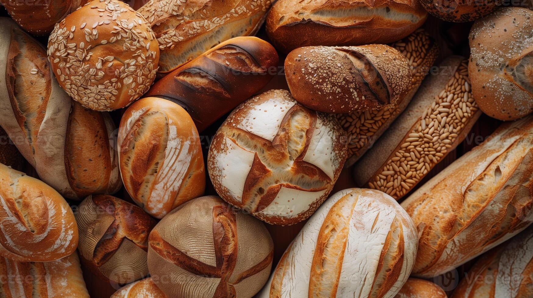 Assorted bread types stacked, forming a textured, inviting sea of bread. Top view for bakery, blog, magazine. photo