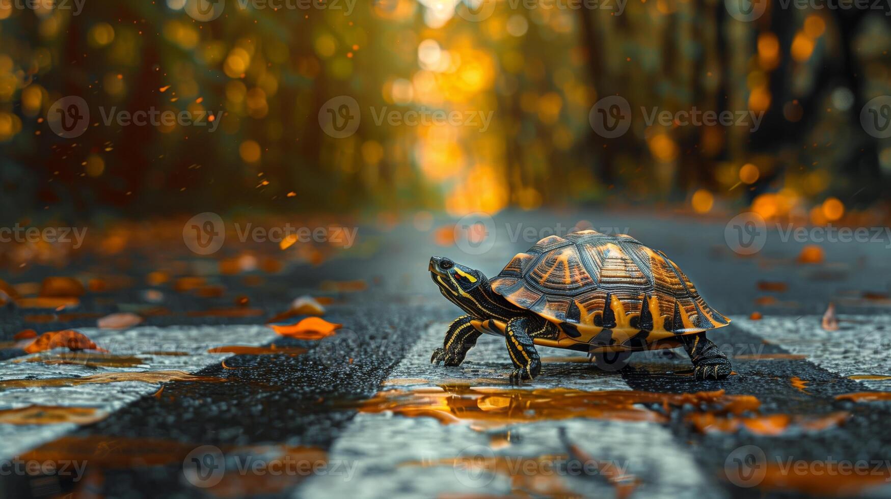 Close-up image of a turtle crossing a road. Bright yellow lines. A blend of nature and human constructs photo