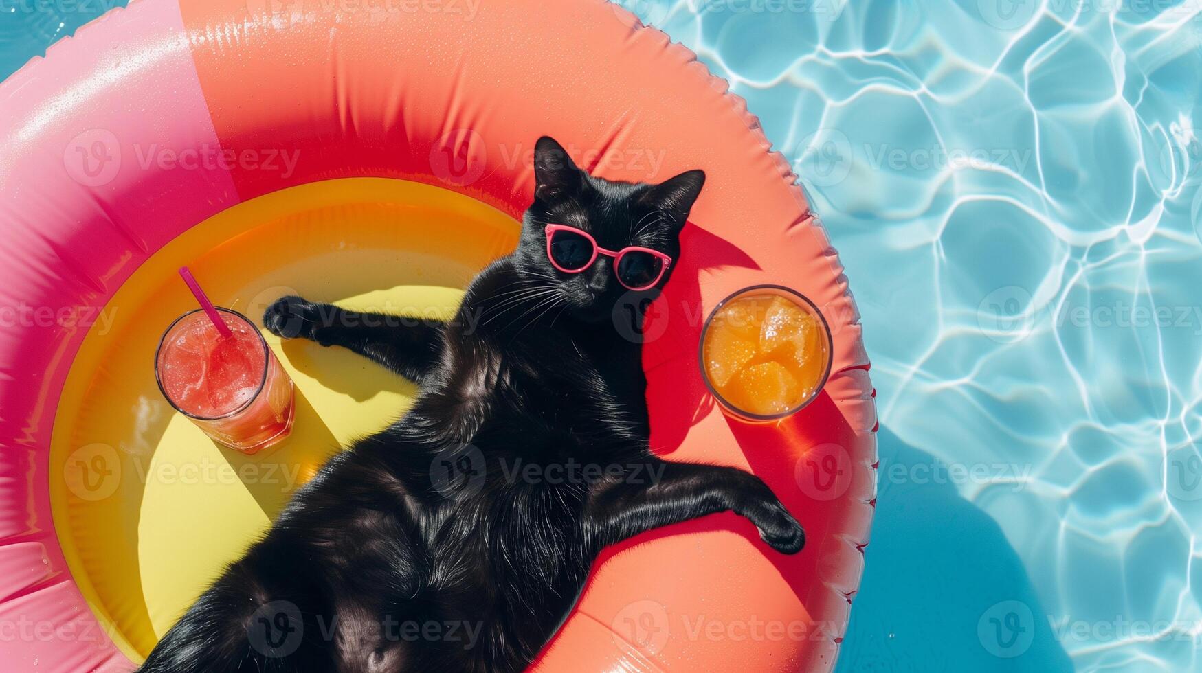 A black cat in sunglasses lounges in a pool on an inflatable ring with cocktails, exuding contentment and humor. photo