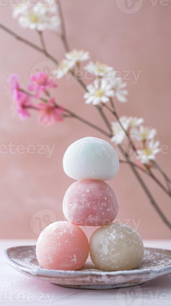 Colorful Close-Up photo of mochi dessert. Traditional Japanese sweet rice cakes with sweet fillings.