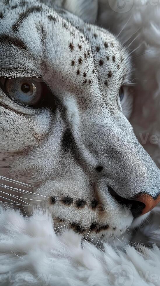 Close-up of a majestic snow leopard resting, wildlife nature portrait of a snow leopard face photo