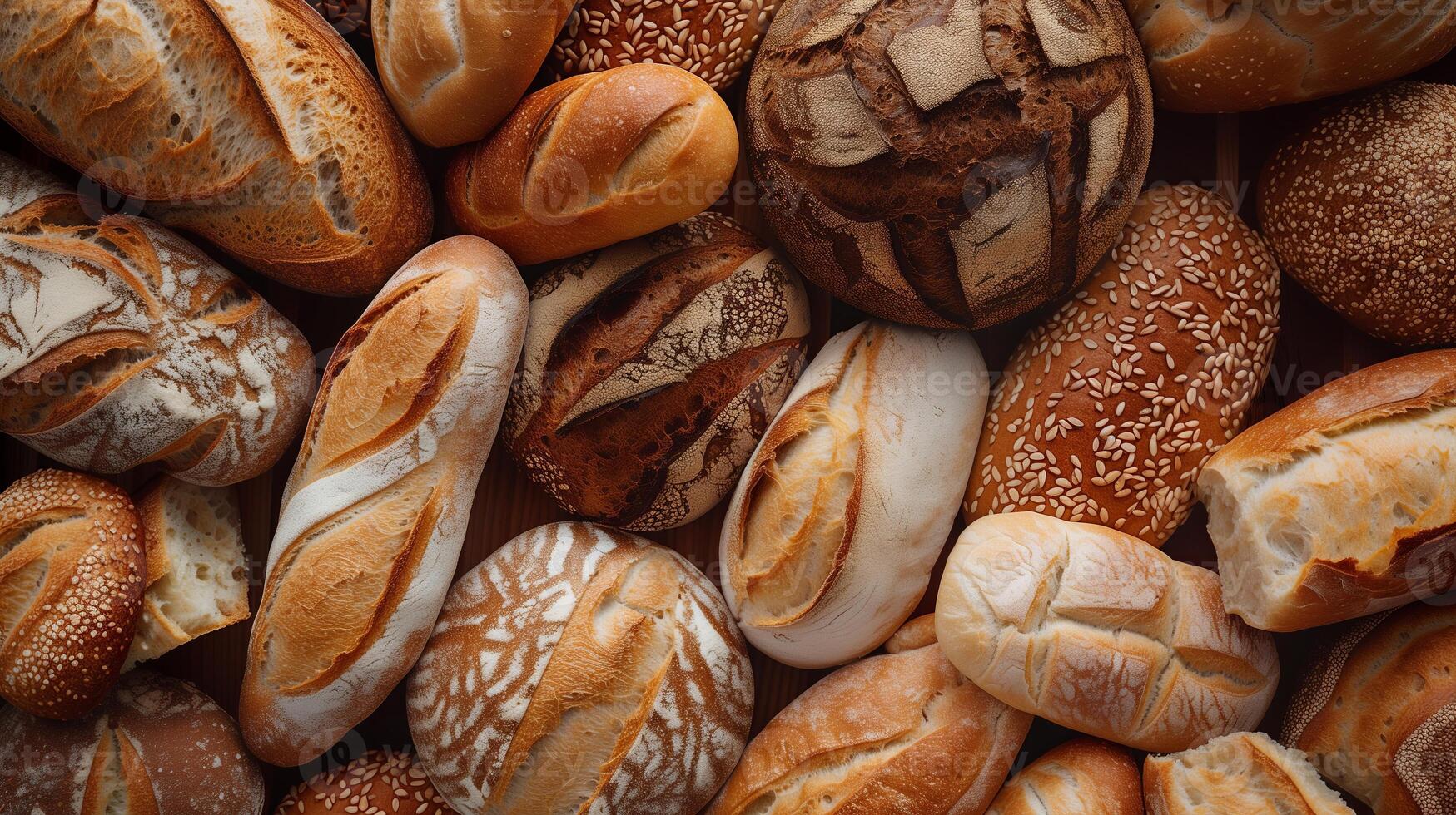 Assorted bread types stacked, forming a textured, inviting sea of bread. Top view for bakery, blog, magazine. photo