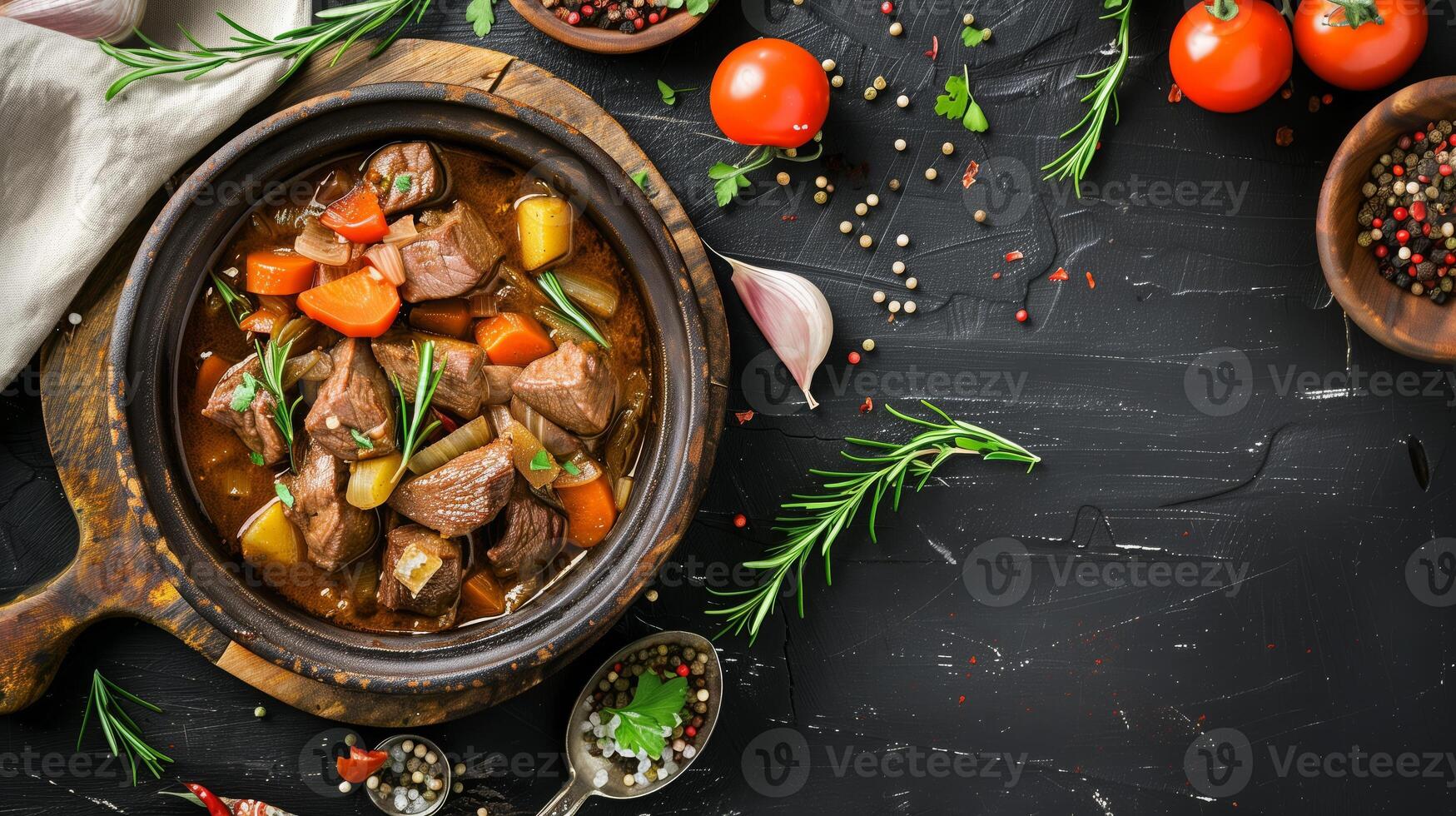 Hearty beef stew on rustic table. Home-cooked meal. Tender beef, potatoes, carrots, herbs in rich sauce photo