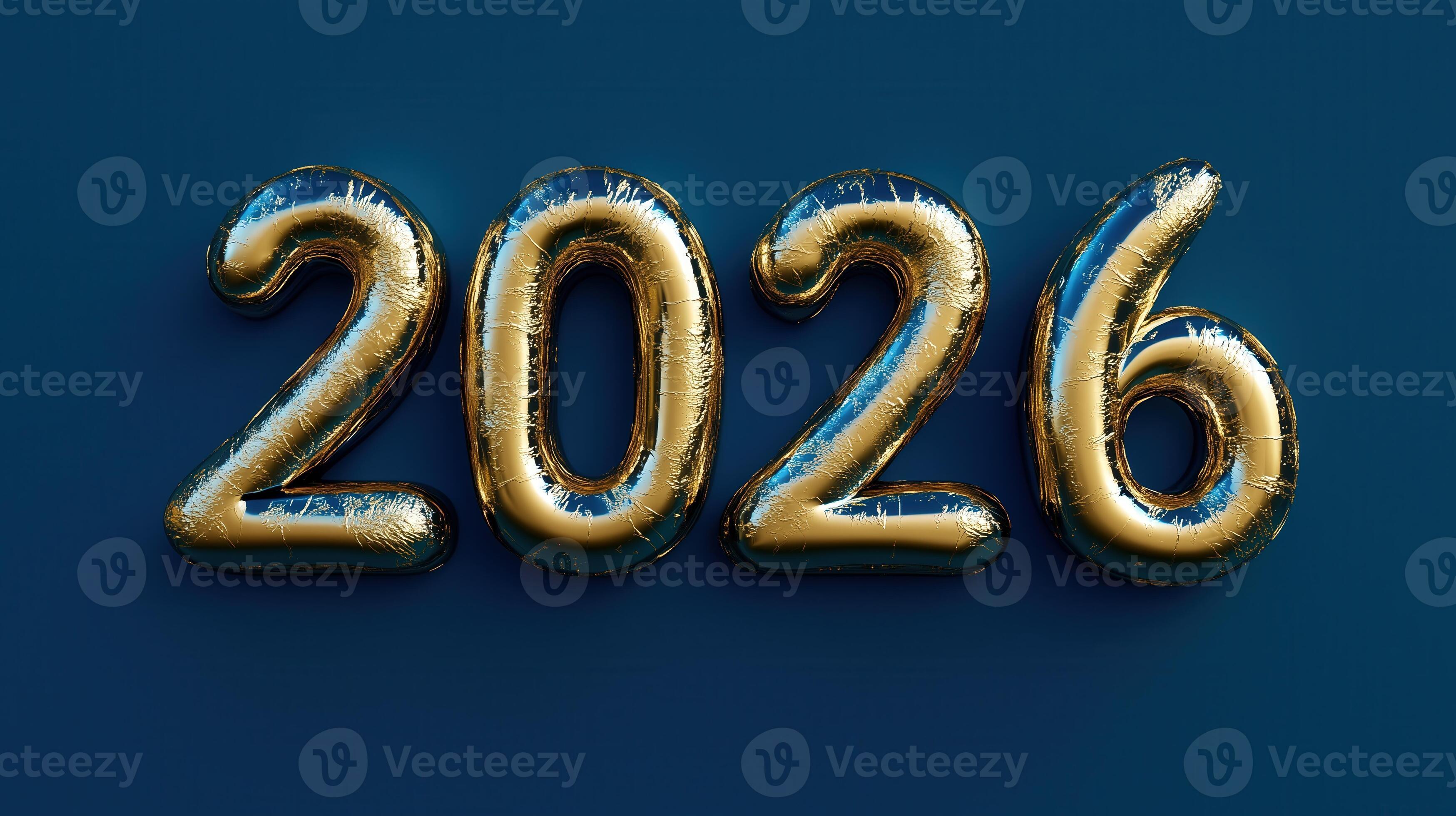 Gold foil balloons forming 2026 on blue background, perfect for New