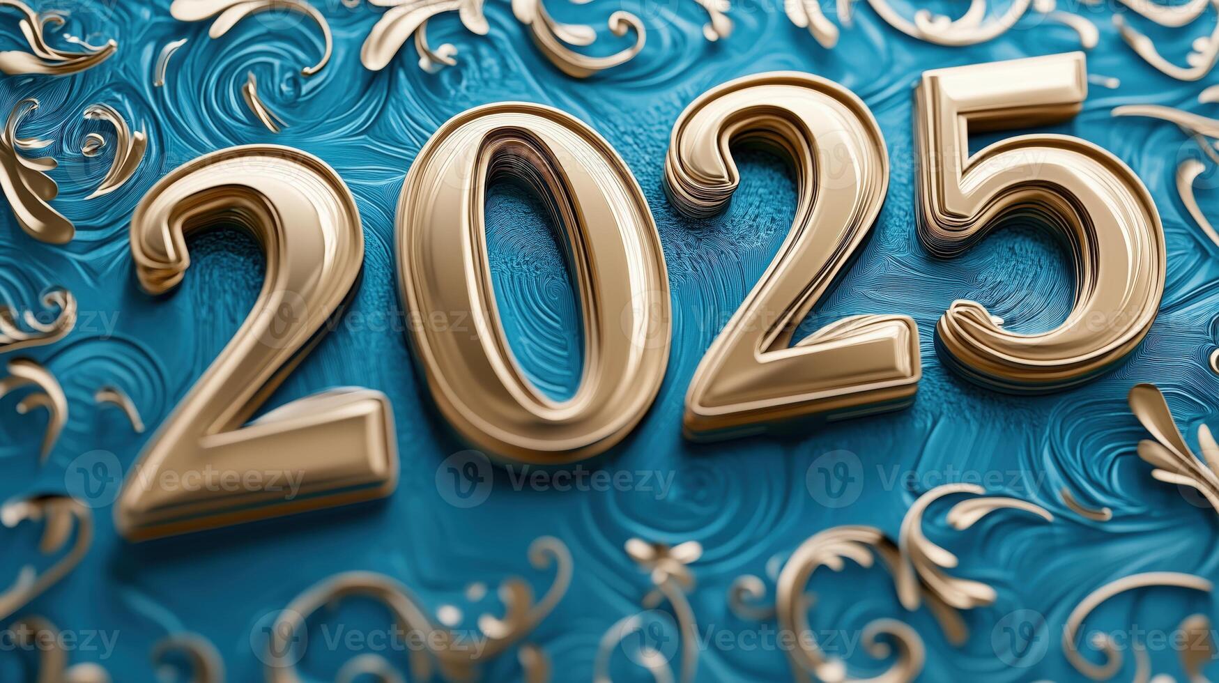 Golden numbers 2025 on elegant blue background with ornate patterns for celebration and invitations photo