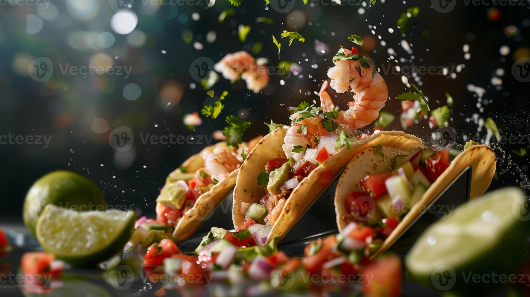 Three of shrimp tacos with fresh ingredients on dark surface. Mexican cuisine, vibrant colors photo