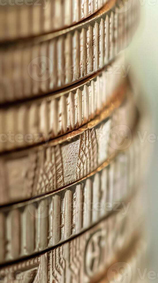 Close-up of coin edge. serrations and detailed texture pattern of golden coins in macro view photo