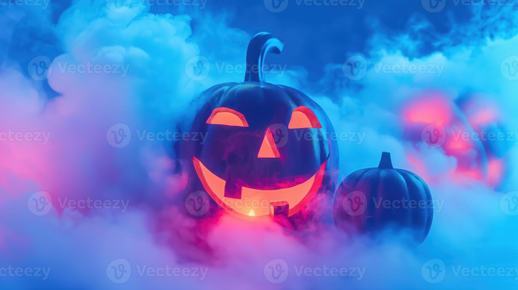 Glowing jack-o-lanterns in eerie fog creating a spooky Halloween atmosphere with colorful light photo