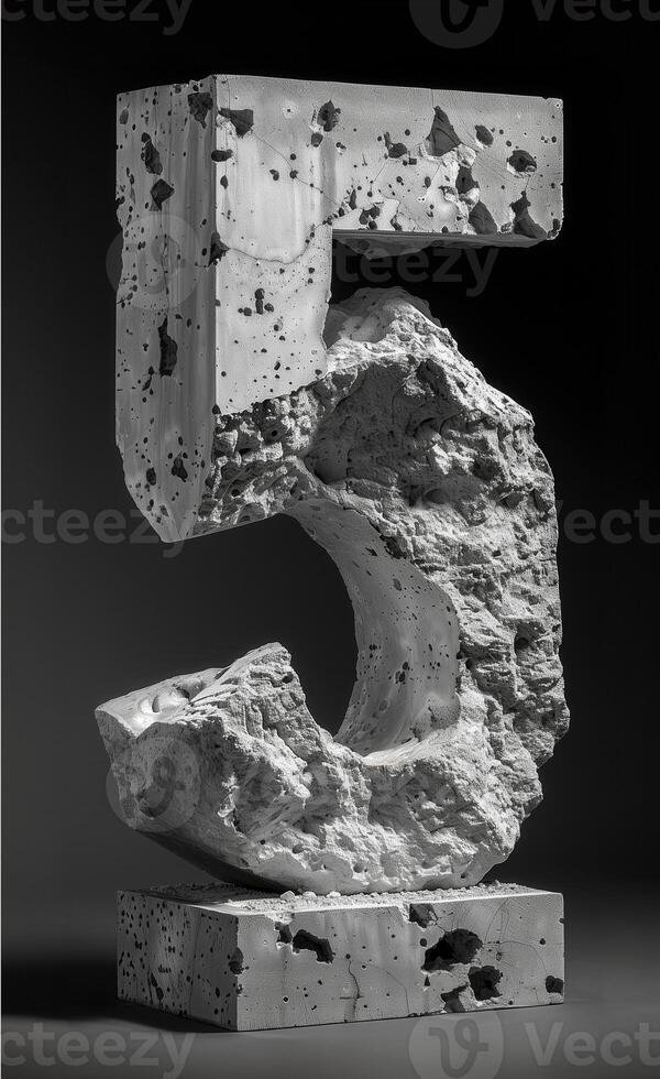 Large textured white concrete 5 sculpture with a rough surface standing alone, 3D rendering photo