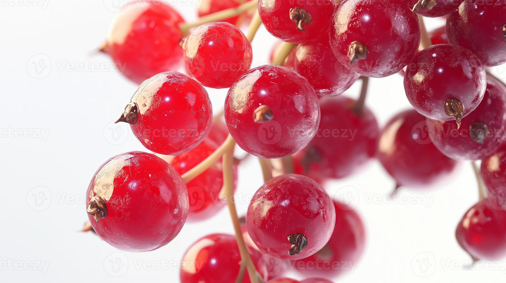 A detailed and realistic close up of fresh, succulent red currants set against a pure white backdrop photo