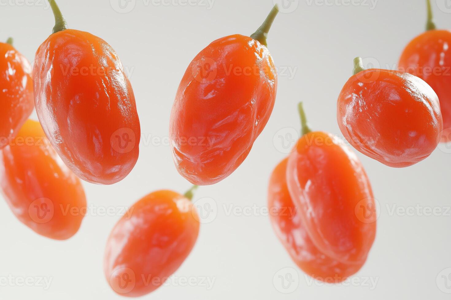 A dynamic 3D of fresh, juicy goji berries, shown in close up against a stark white background. The photo