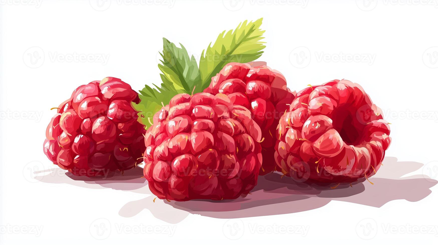 An artistic, flat style illustration of juicy raspberries on a bright white background. The photo