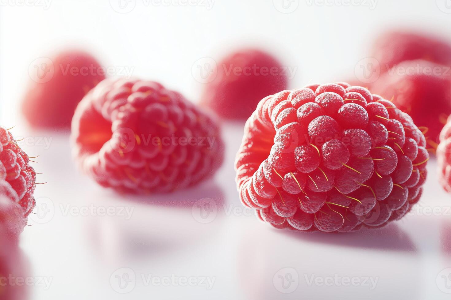 vibrant, juicy raspberries on a clean, bright white background. The focus is on the rich red color photo