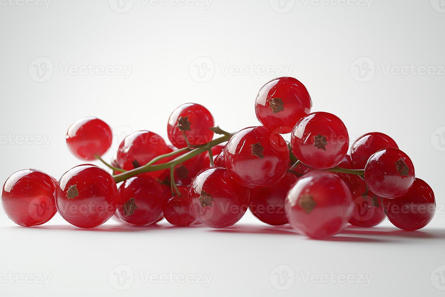 A dynamic 3D of fresh, juicy red currants, shown in close up against a stark white background. The photo