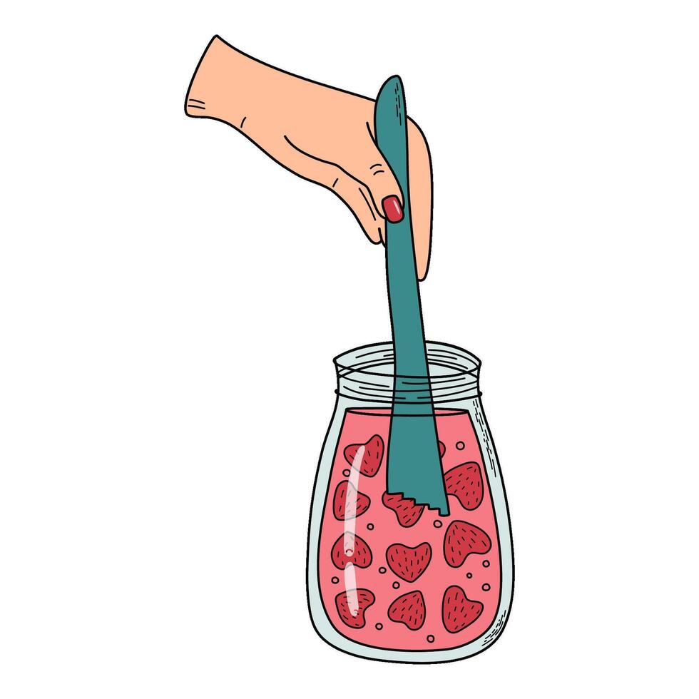 Woman prepares jam. Female character is removing air bubbles using a tool. Canning process, food preservation concept. Hand drawn flat design illustration isolated on transparent background. vector