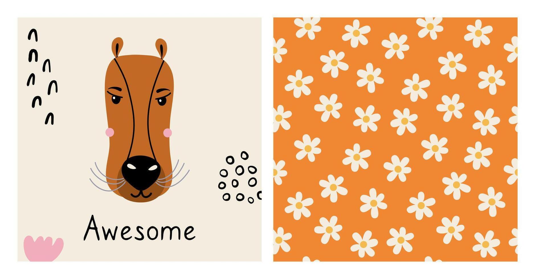 Cute set with animal poster and floral seamless pattern. Hand drawn card with capybara face and chamomiles print. Decor for baby shower, kids room, textile. Colorful illustrations. vector