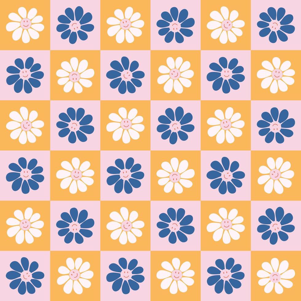 Retro geometric seamless pattern. Vintage checkered floral background. Cool funky smiling flowers. Hand drawn naive art illustration. vector