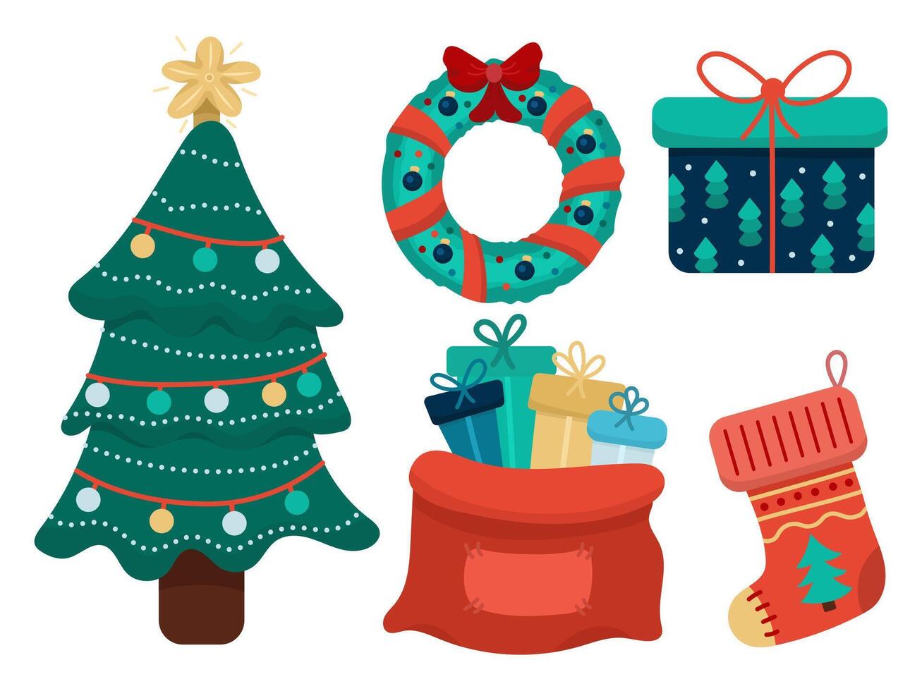 New Year illustration set of symbols. Christmas decorated tree, wreath, gift bag in simple flat style vector