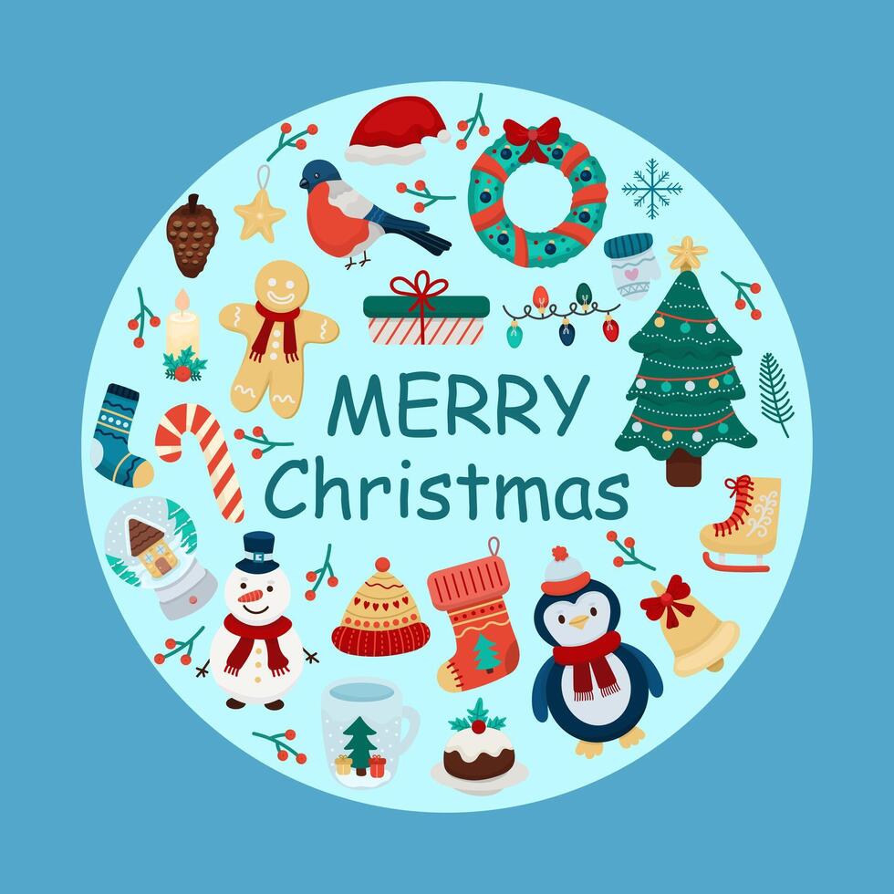 New Year and Christmas card in flat style modern with elements in the form of a circle and an inscription vector