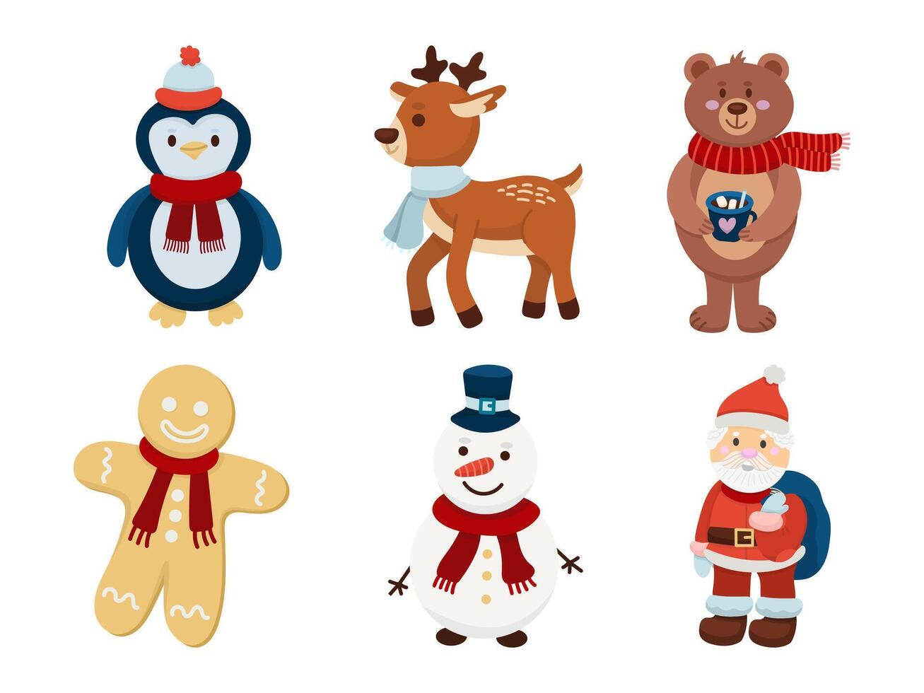 Winter New Year cute animals and characters cartoon- deer, Santa Claus, penguin, bear, gingerbread man, snowman. Dressed in winter clothes vector