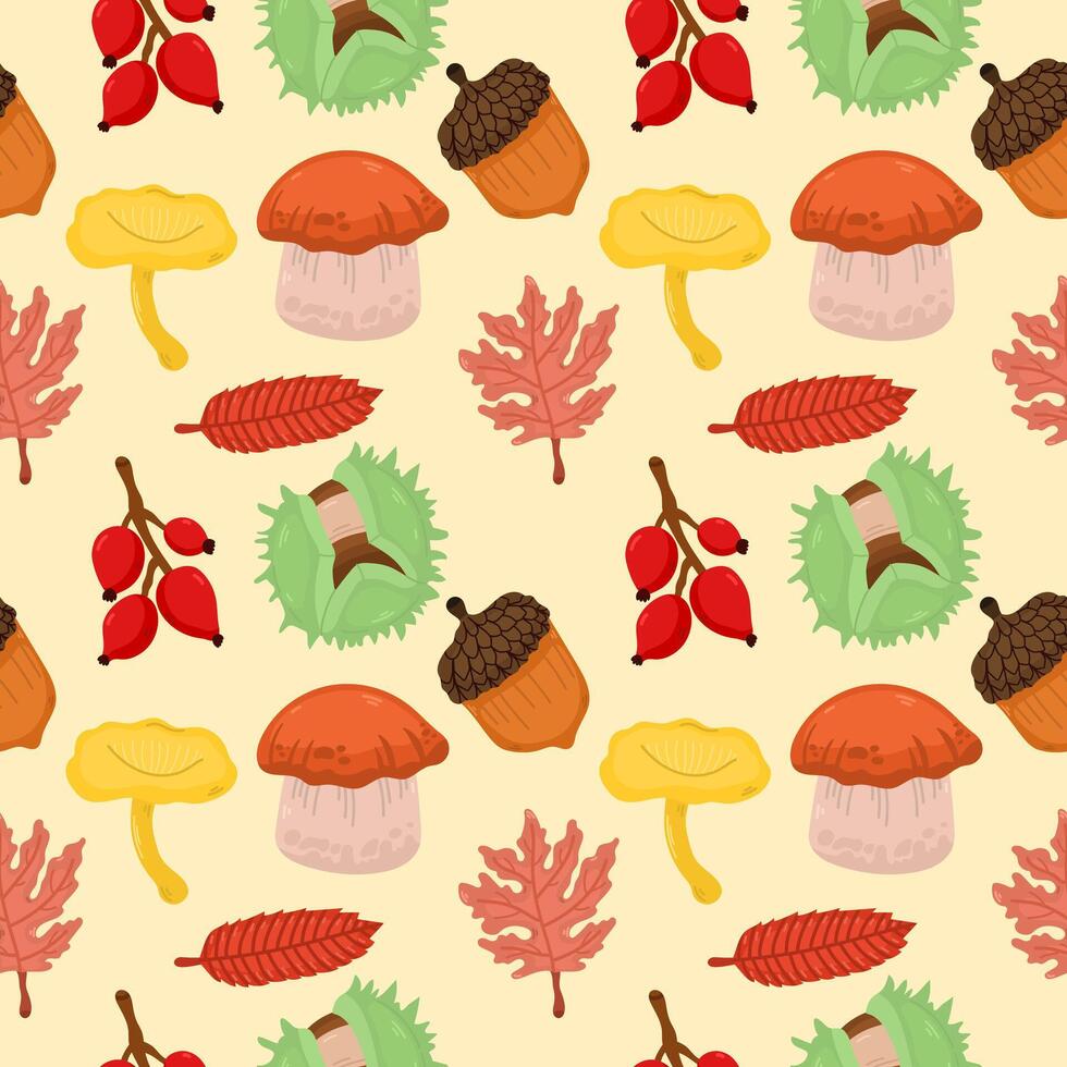 Seamless autumn background with forest plants - leaves, berries, chestnut, mushrooms and acorns on a white background vector