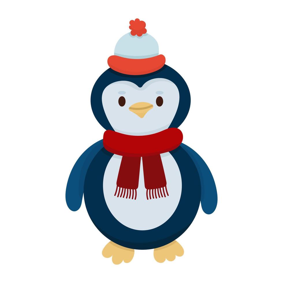Cute winter animal penguin in warm clothes scarf and hat. Illustration cartoon character. vector