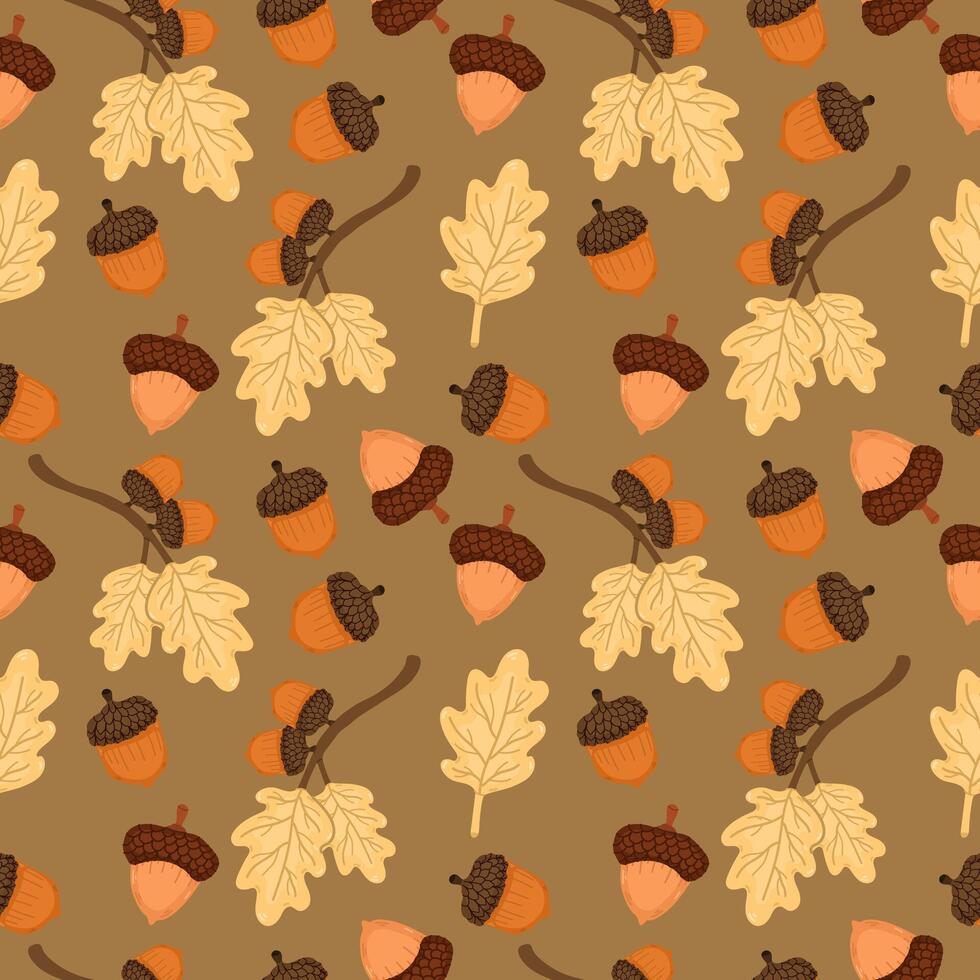 Seamless pattern or wallpaper with acorn branch on brown background. Autumn theme branch and nut acorn vector