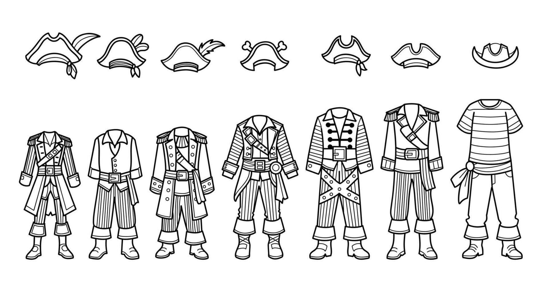 Pirate costume collection with hats and outfits, details pirate attire illustrations, cute vintage cosplay clothing and party themes. vector