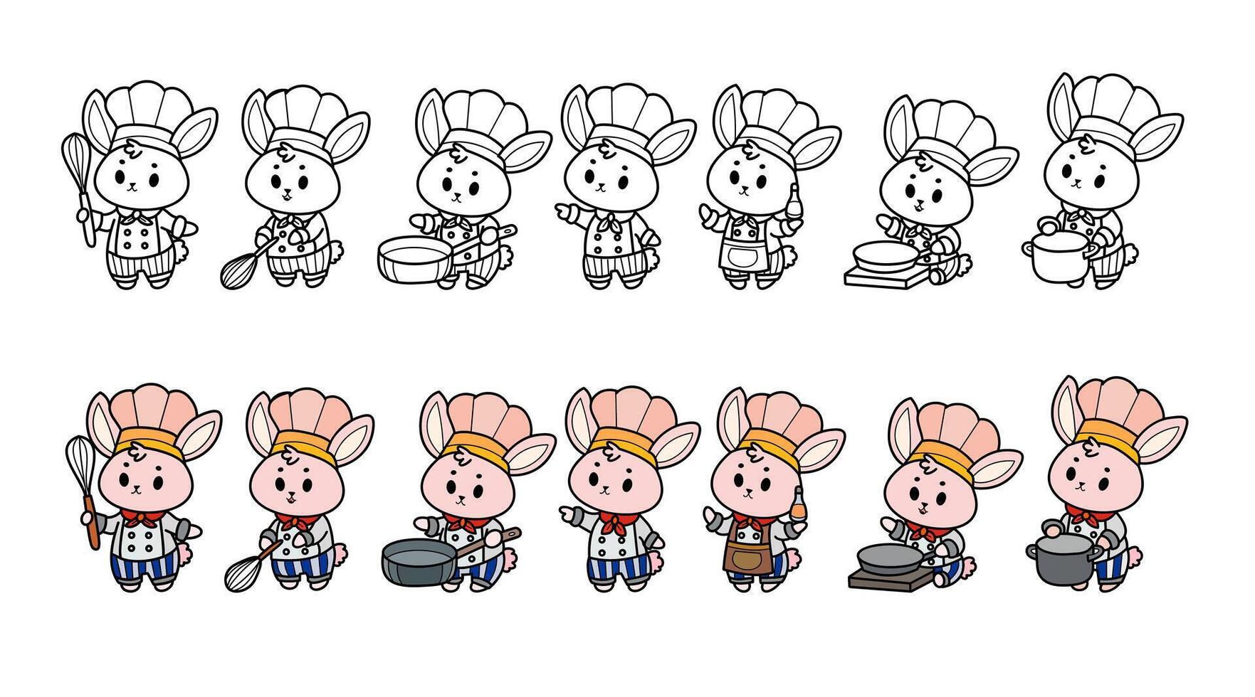 Bunny chefs cooking in various poses with kitchen utensils, cute cartoon characters in kawaii doodle styles, illustration. vector