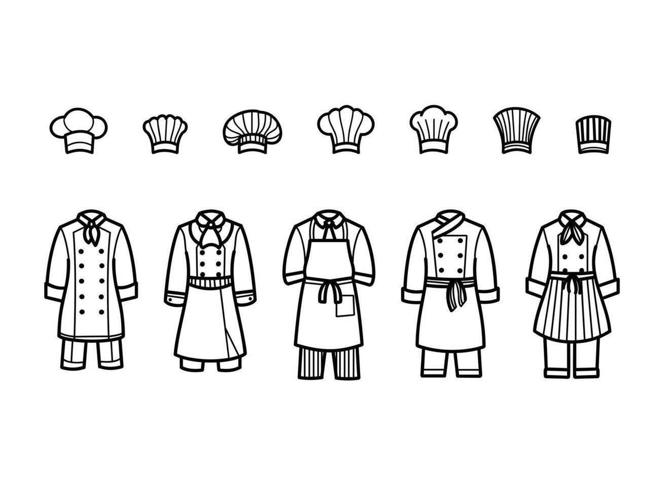 Chef uniforms and hats line art collection, black and white hand drawn outfits with details, clean and minimal line art style, illustration. vector