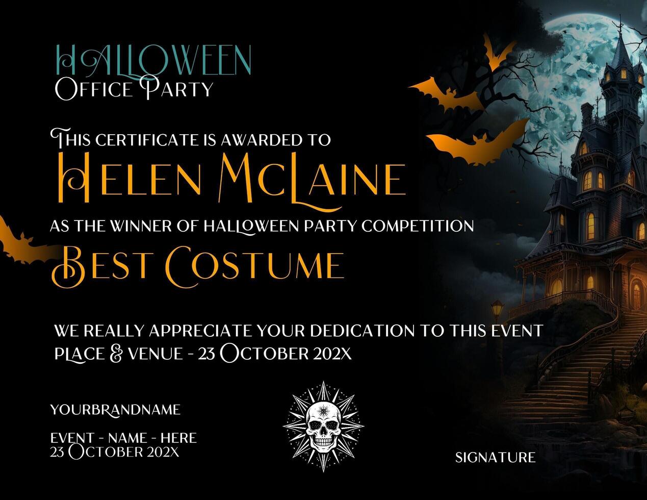 Office Halloween Party Certification for the Best Costume Award template
