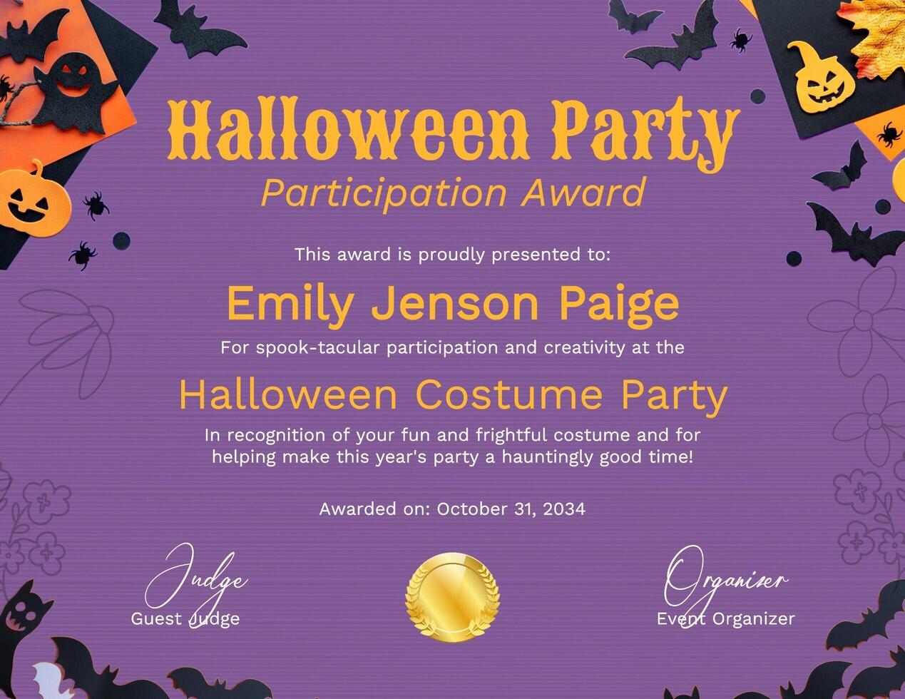 Halloween Party Participation Award for Children Certificate template